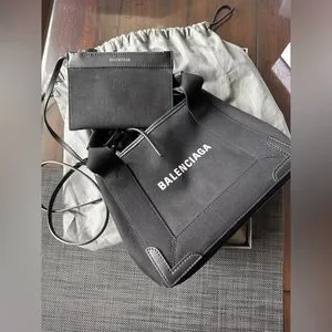 【BALENCIAGA】 NAVY CABAS XS BAG BALENCIAGA Cotton Canvas Calfskin Navy Cabas XS Black